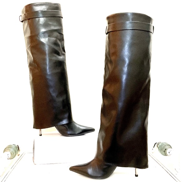 Liliana Black Fold Over Pointed Toe Side Zip Knee High Heel Boots sz 10 - Picture 1 of 16